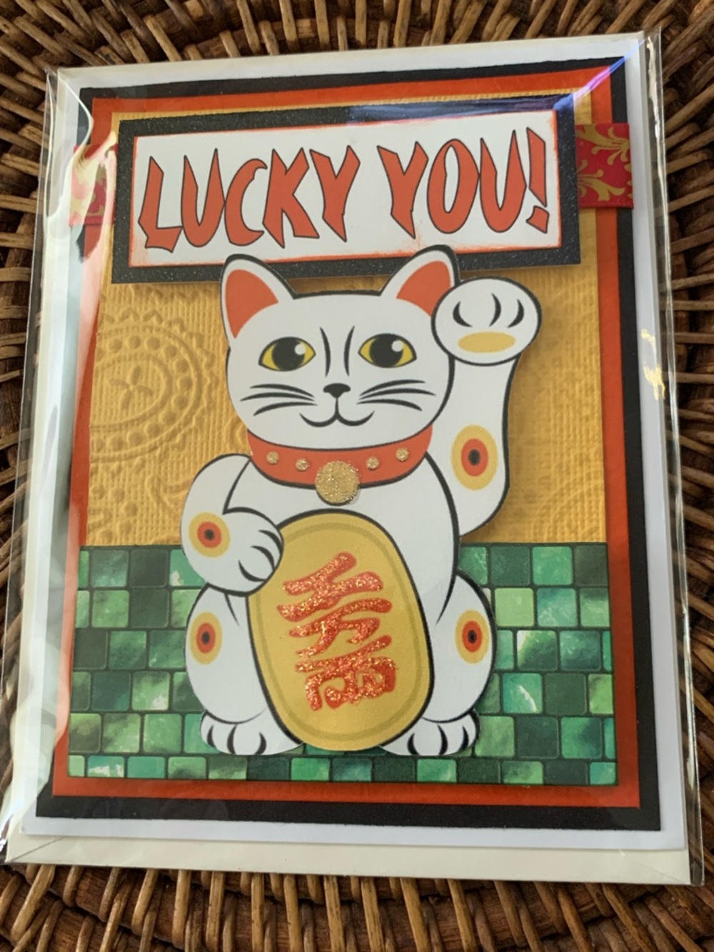 Lucky Brand White Cat Good Luck Card with Orange Accents